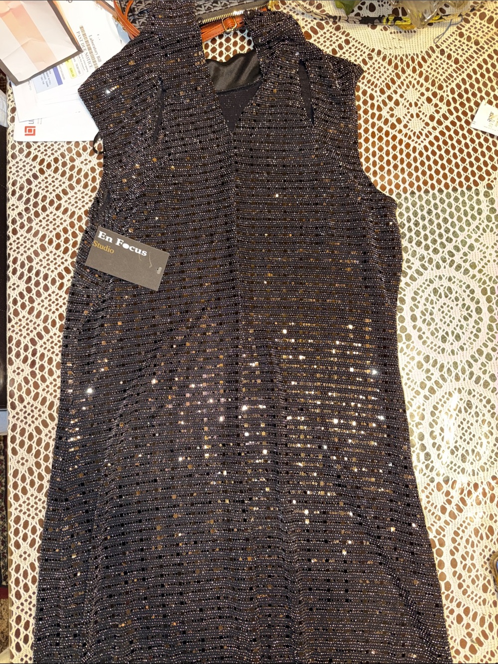 Enfocus Studio Black Sequin V-Neck Evening Dress